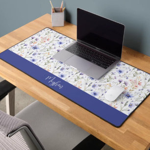 Blauw Paarse Aquarel Wilde Bloem Naam Monogram Bureaumat
