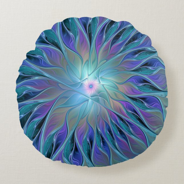 Blauw Paarse Bloem Droom Abstracte Fractale Kunst Rond Kussen (Voorkant)