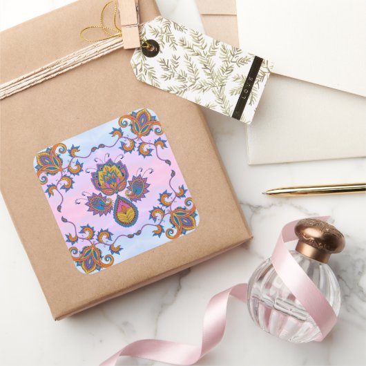Blauw & Paarse Bloem Harmonie Vierkante Sticker (Geschenken)