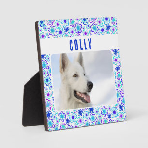 Blauw Paarse Bloem Patroon Huisdier Hond Foto Aand Fotoplaat