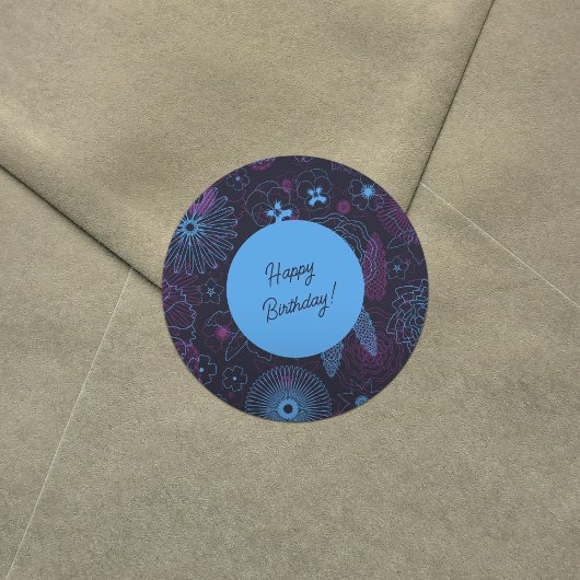 Blauw & Paarse Bloemen Elegant Omtrekpatroon Ronde Sticker
