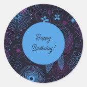 Blauw & Paarse Bloemen Elegant Omtrekpatroon Ronde Sticker (Voorkant)