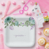 blauw paarse bloemen groen botanisch papieren bord (Feest)