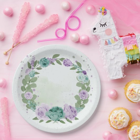 blauw paarse bloemen groen botanisch papieren bord (Feest)