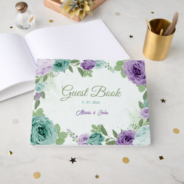 blauw paarse bloemen groen trouwfeest gastenboek