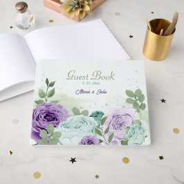 blauw paarse bloemen groen trouwfeest gastenboek