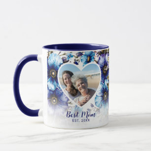 Blauw Paarse Bloemen Hart Foto Moederdag Gift Mok