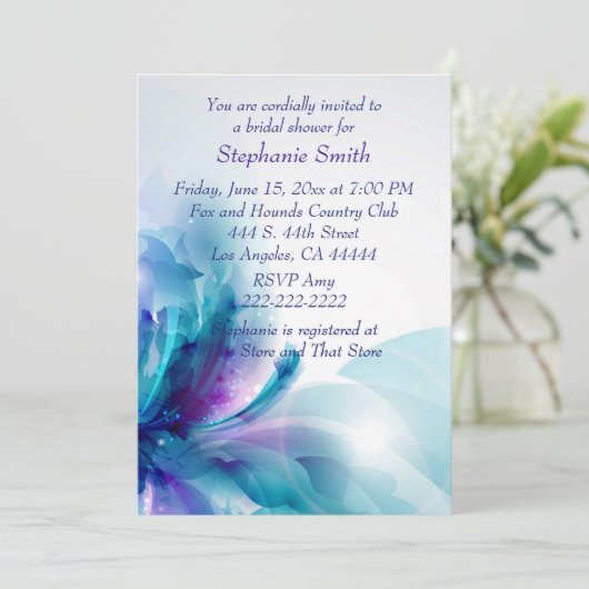 Blauw Paarse Bloemen Ontwerp Bruids Douche Uitnodi Kaart (Staand voorkant)