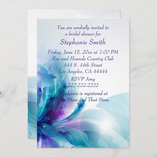 Blauw Paarse Bloemen Ontwerp Bruids Douche Uitnodi Kaart (Voorkant / Achterkant)