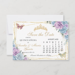 Blauw Paarse Bloemen Twins Quinceanera Kalender Save The Date