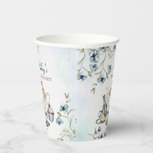 Blauw paarse bloementheekransje vrijgezellenfeest papieren bekers (Rechts)