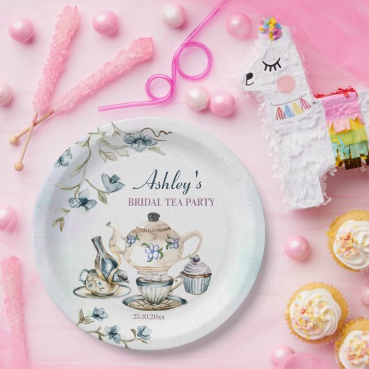 Blauw paarse bloementheekransje vrijgezellenfeest papieren bordje (Feest)