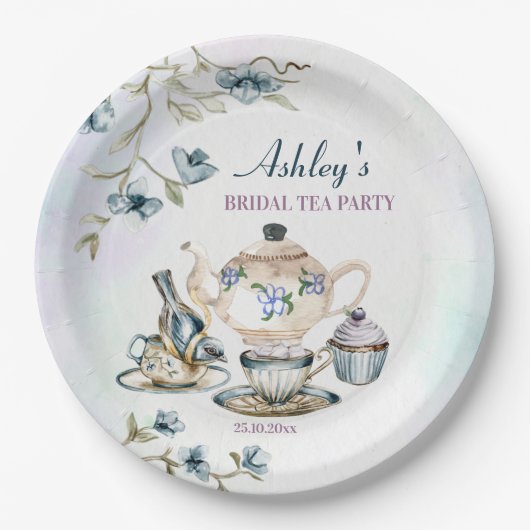 Blauw paarse bloementheekransje vrijgezellenfeest papieren bordje (Voorkant)