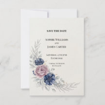 Blauw Paarse Bloemige Trouwkaart Save the Date