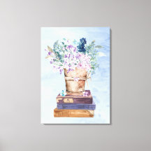 Blauw Paarse Boeken en Bloemen Canvas Muurkunst