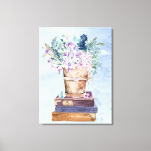 Blauw Paarse Boeken en Bloemen Canvas Wand Kunst