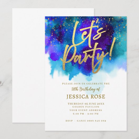 Blauw-Paarse feestuitnodiging met gouden accent Kaart (Voorkant / Achterkant)