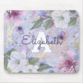 Blauw paarse  florale waterverf monogram muismat (Voorkant)