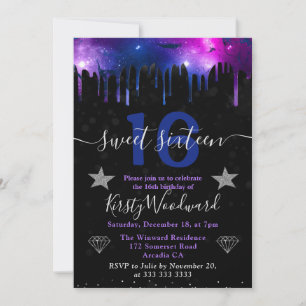 Blauw & Paarse Galaxy Marmer Sweet Sixteen Kaart