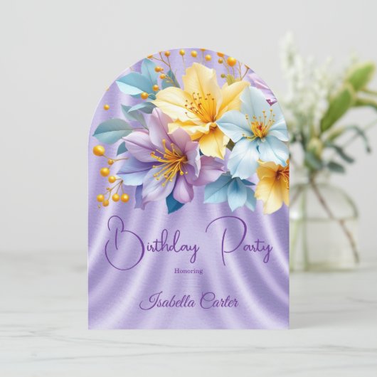  Blauw Paarse Gele Bloemen Verjaardagsfeest Kaart (Staand voorkant)