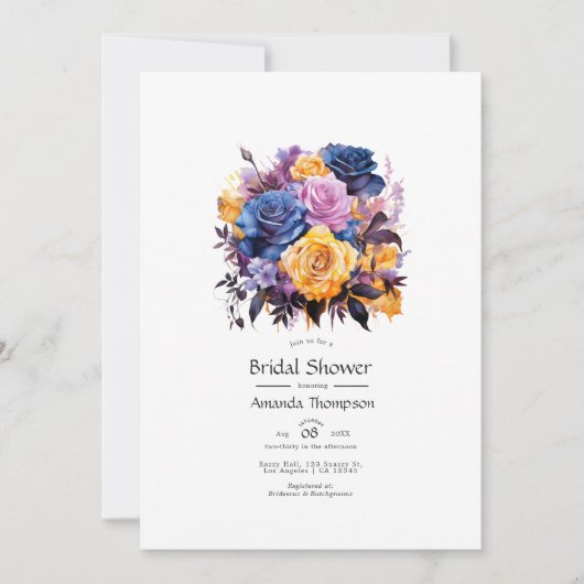 Blauw, Paarse, gouden en zwart bloemig Vrijgezelle Kaart (Voorkant)