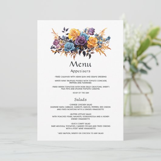 Blauw, Paarse, Gouden, en Zwarte Bloemen Huwelijk Menu (Staand voorkant)