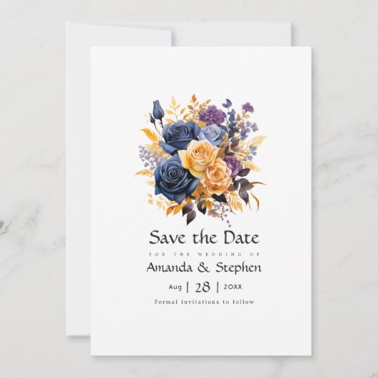 Blauw, Paarse, Gouden, en Zwarte Bloemen Huwelijk Save The Date (Voorkant)