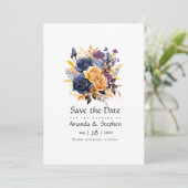 Blauw, Paarse, Gouden, en Zwarte Bloemen Huwelijk Save The Date (Staand voorkant)