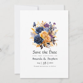 Blauw, Paarse, Gouden, en Zwarte Bloemen Huwelijk Save The Date