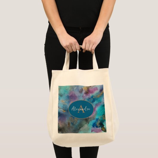 Blauw Paarse Gouden Waterverf Abstract Gepersonali Tote Bag (Voorkant (product))