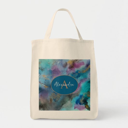 Blauw Paarse Gouden Waterverf Abstract Gepersonali Tote Bag (Voorkant)