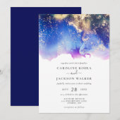 Blauw Paarse gouden Waterverf Ink Wash Bruiloft Kaart (Voorkant / Achterkant)