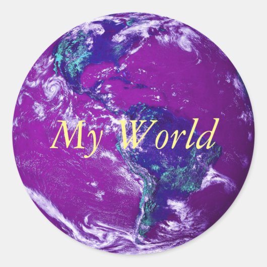 Blauw paarse grappige wereldbollen wereld cover ronde sticker (Voorkant)