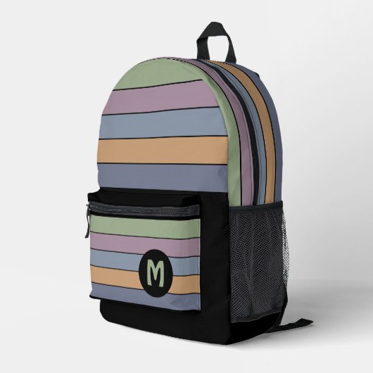 Blauw Paarse Groene Mosterd Gele Zwarte Strepen Bedrukte Rugzak (Achterkant Hoek Rechts)
