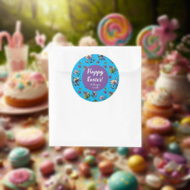 Blauw Paarse Happy Easter Spring Columbine Flower Ronde Sticker
