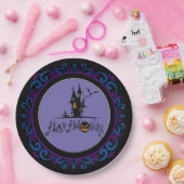 Blauw Paarse Happy Halloween Haunted House Papieren Bordje (Feest)