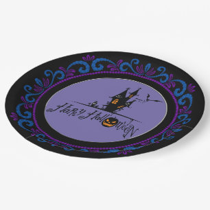 Blauw Paarse Happy Halloween Haunted House Papieren Bordje