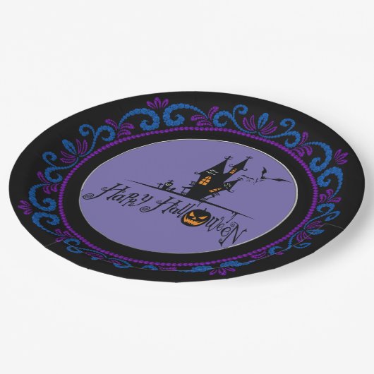 Blauw Paarse Happy Halloween Haunted House Papieren Bordje (Gekanteld)