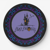 Blauw Paarse Happy Halloween Haunted House Papieren Bordje (Voorkant)