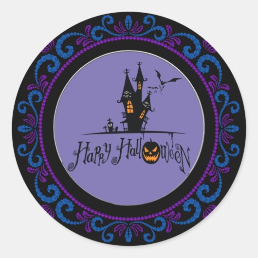 Blauw Paarse Happy Halloween Haunted House Ronde Sticker (Voorkant)