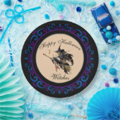 Blauw Paarse Happy Halloween Heksenbezem Papieren Bordje (Feest)