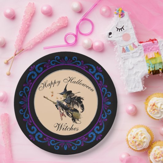 Blauw Paarse Happy Halloween Heksenbezem Papieren Bordje (Feest)