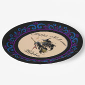 Blauw Paarse Happy Halloween Heksenbezem Papieren Bordje (Gekanteld)