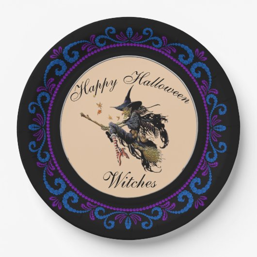 Blauw Paarse Happy Halloween Heksenbezem Papieren Bordje (Voorkant)