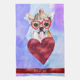 Blauw Paarse Hond Liefhebber Valentijnsdag Cadeau  Theedoek