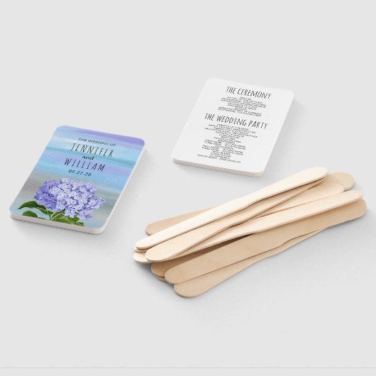 Blauw, paarse hortensia bloem bruiloft programma handwaaier (Niet-gemonteerd)