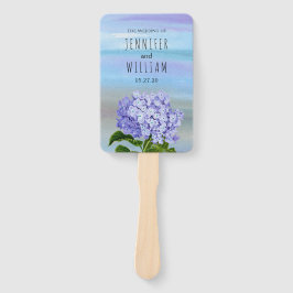 Blauw, paarse hortensia bloem bruiloft programma handwaaier