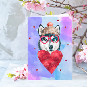 Blauw Paarse Husky Valentijnsdag Cadeau Hond Kaart