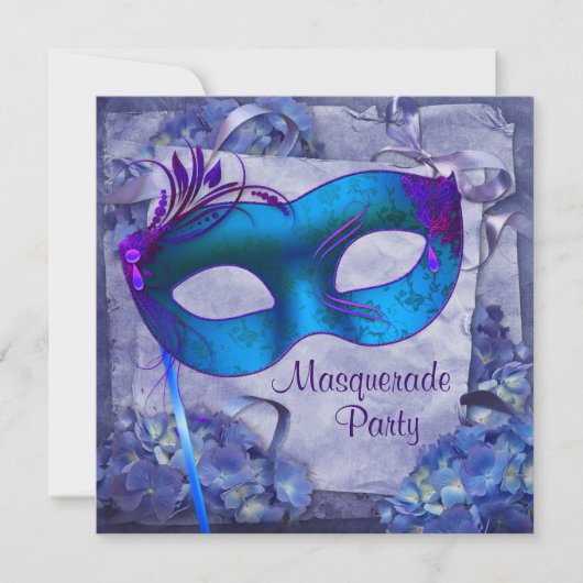 Blauw Paarse Hydrangea Masquerade Feest Uitnodigin Kaart (Voorkant)