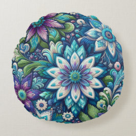 Blauw Paarse kleurrijke borduurstijl bloemen Rond Kussen